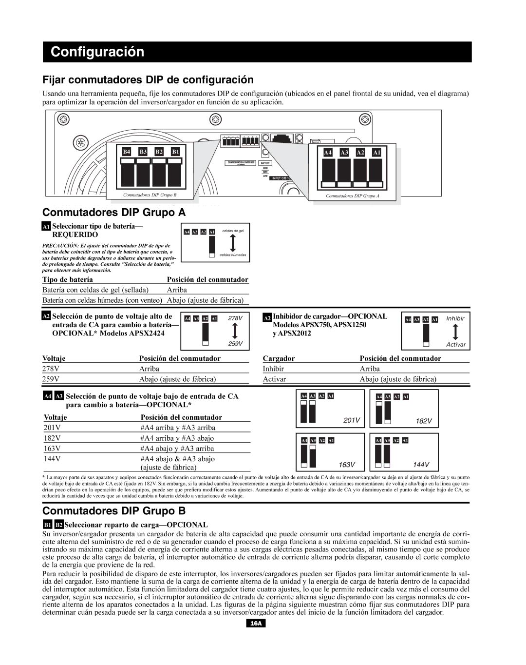 Tripp Lite APSX Series owner manual Configuración, Fijar conmutadores DIP de configuración, Conmutadores DIP Grupo a 