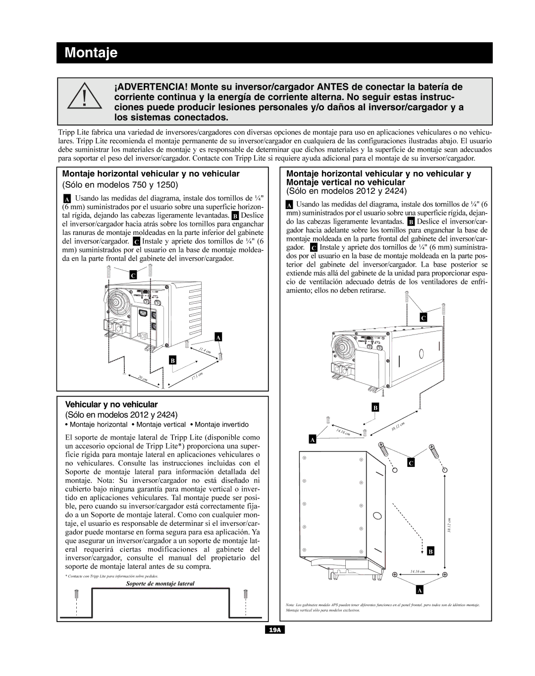 Tripp Lite APSX Series owner manual Montaje horizontal vehicular y no vehicular 