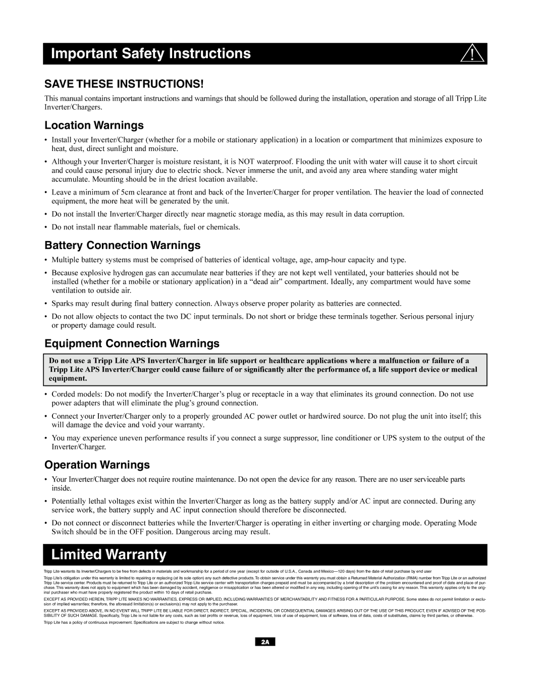 Tripp Lite APSX Series owner manual Important Safety Instructions, Limited Warranty 