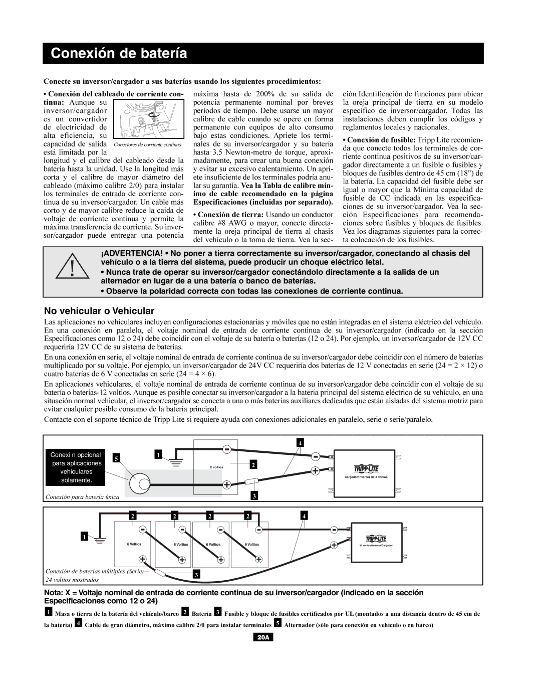 Tripp Lite APSX Series owner manual Conexión de batería, No vehicular o Vehicular 