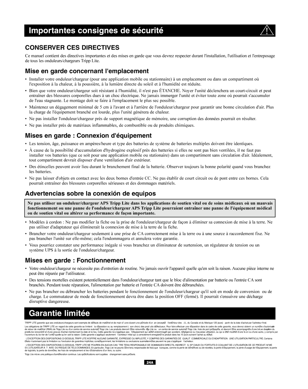 Tripp Lite APSX Series Importantes consignes de sécurité, Garantie limitée, Mise en garde concernant lemplacement 