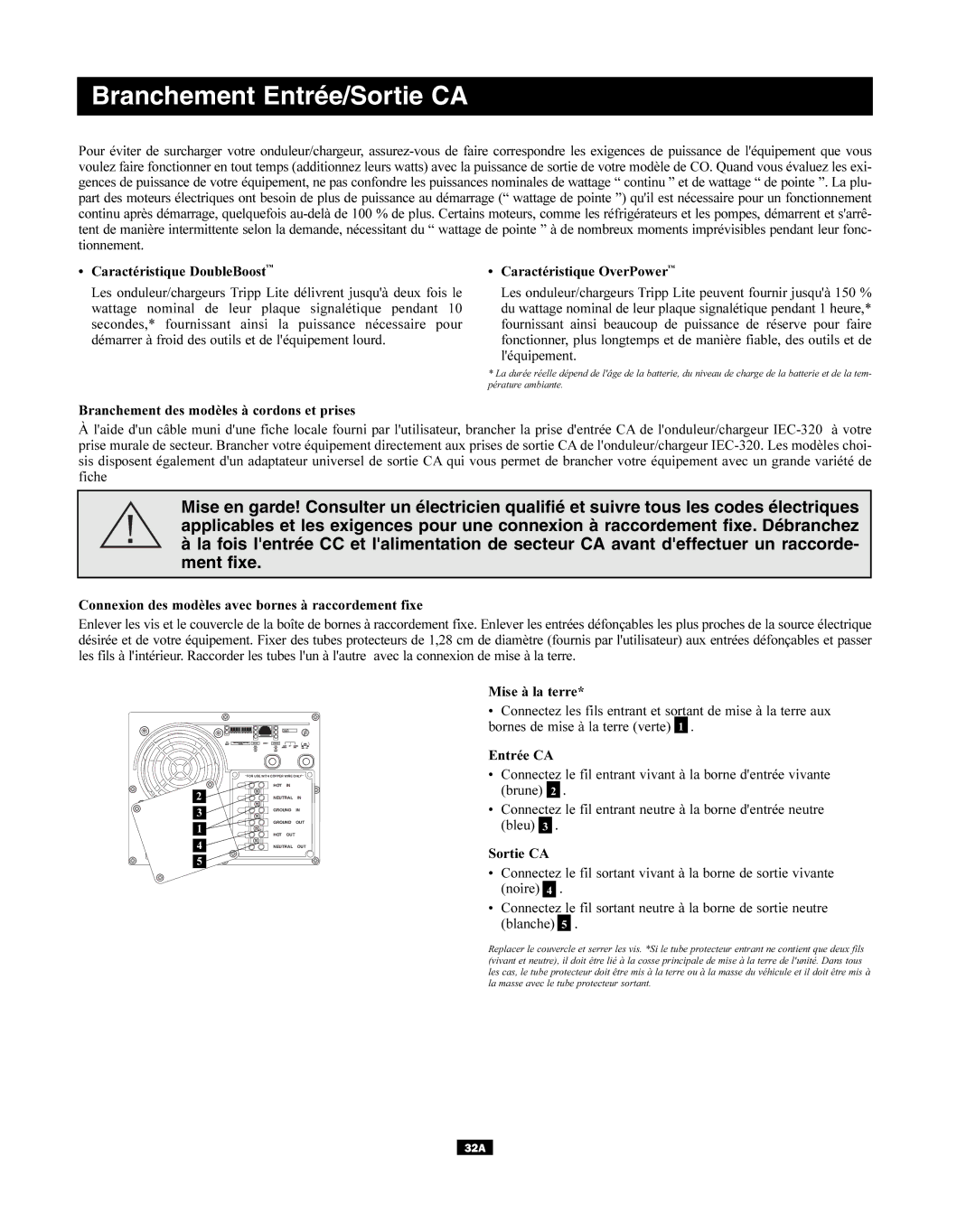 Tripp Lite APSX Series owner manual Branchement Entrée/Sortie CA 