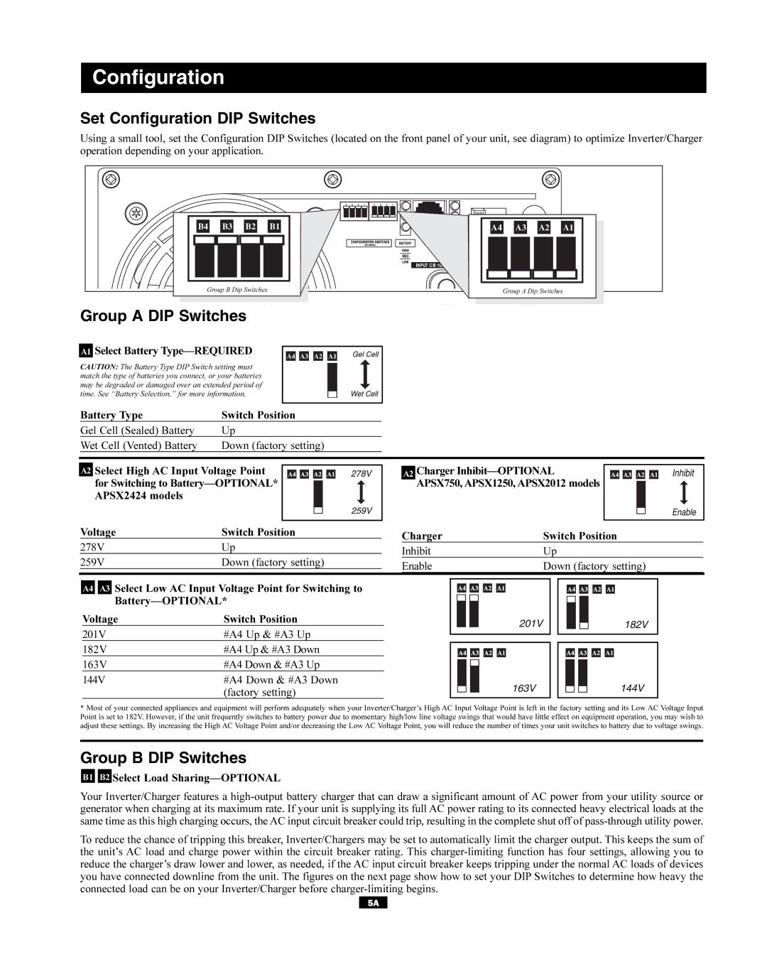 Tripp Lite APSX Series owner manual Set Configuration DIP Switches, Group a DIP Switches, Group B DIP Switches 