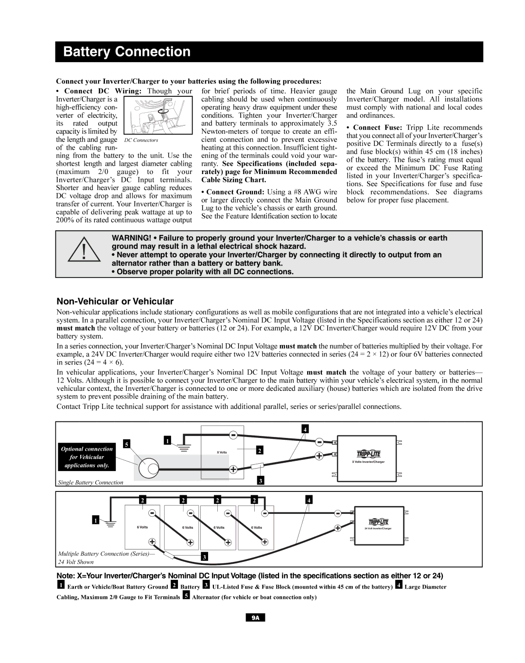 Tripp Lite APSX Series owner manual Battery Connection, Non-Vehicular or Vehicular 