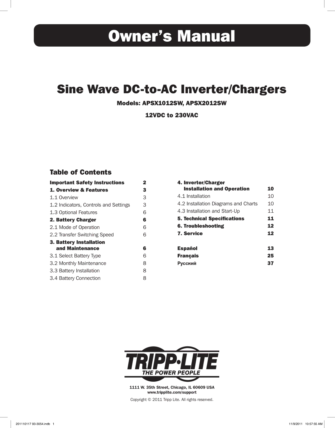 Tripp Lite APSX2012SW, APSX1012SW owner manual Sine Wave DC-to-AC Inverter/Chargers 