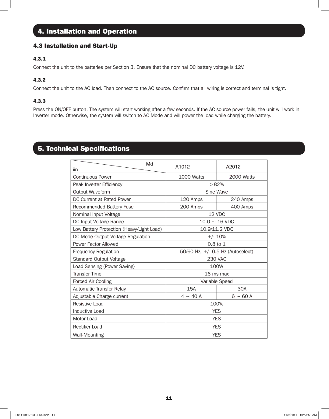 Tripp Lite APSX2012SW, APSX1012SW owner manual Technical Specifications, Installation and Start-Up 