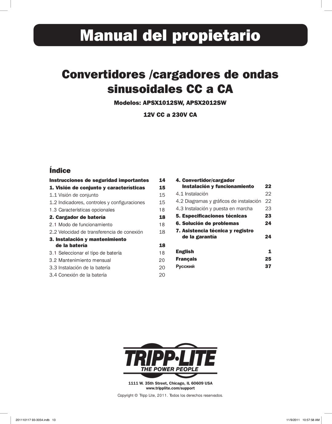 Tripp Lite owner manual Modelos APSX1012SW, APSX2012SW 12V CC a 230V CA, Cargador de batería 