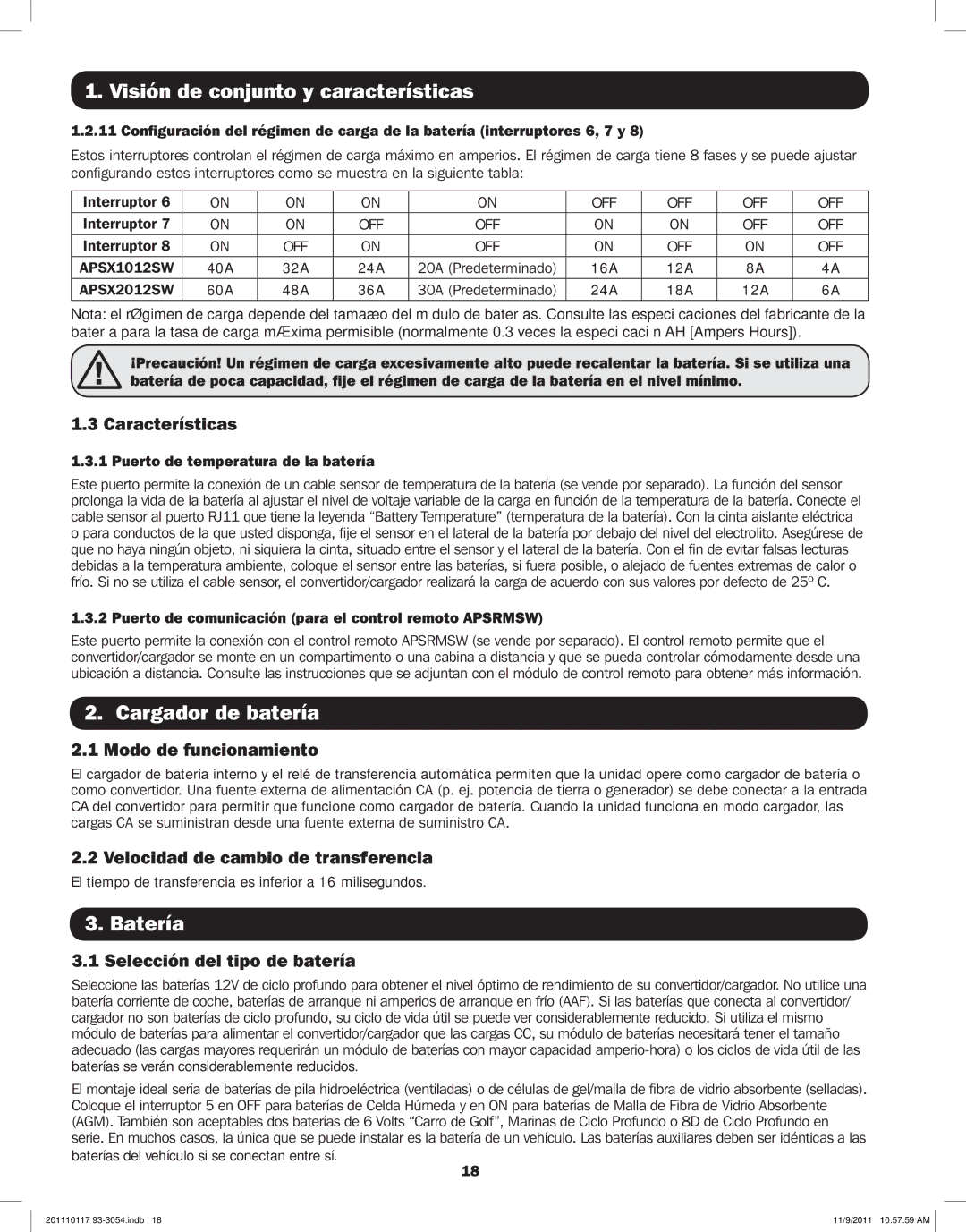 Tripp Lite APSX1012SW, APSX2012SW owner manual Cargador de batería, Batería 