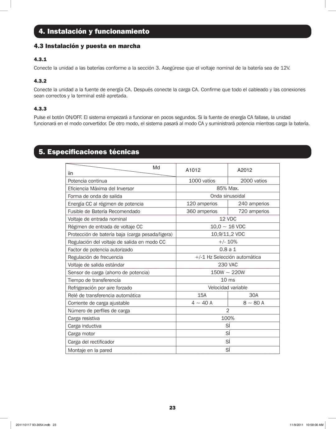 Tripp Lite APSX2012SW, APSX1012SW owner manual Especificaciones técnicas, Instalación y puesta en marcha 