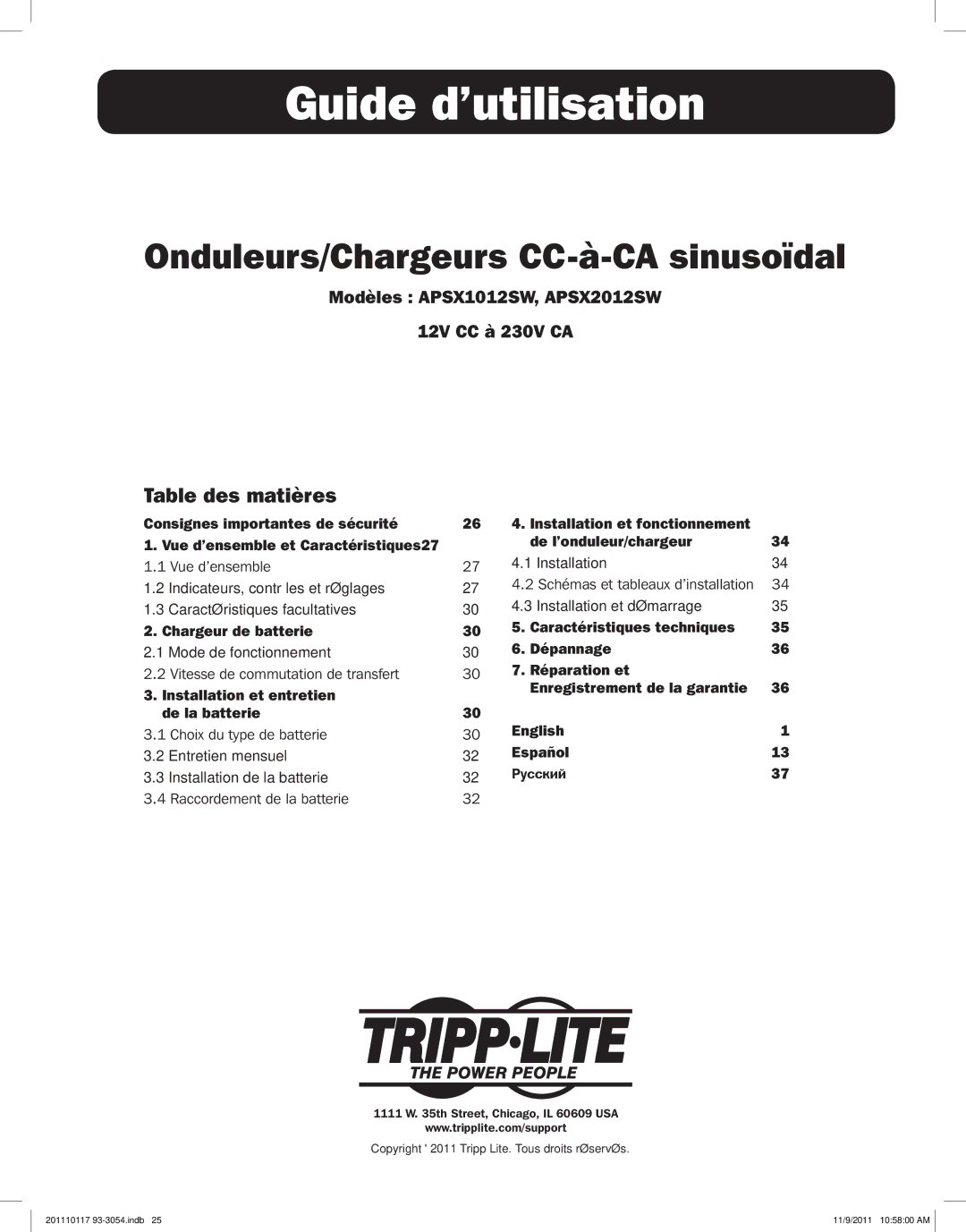 Tripp Lite Modèles APSX1012SW, APSX2012SW 12V CC à 230V CA, Chargeur de batterie Caractéristiques techniques, Dépannage 