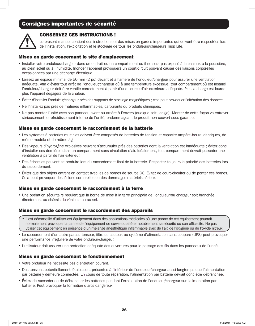 Tripp Lite APSX1012SW, APSX2012SW owner manual Consignes importantes de sécurité, Conservez CES Instructions 