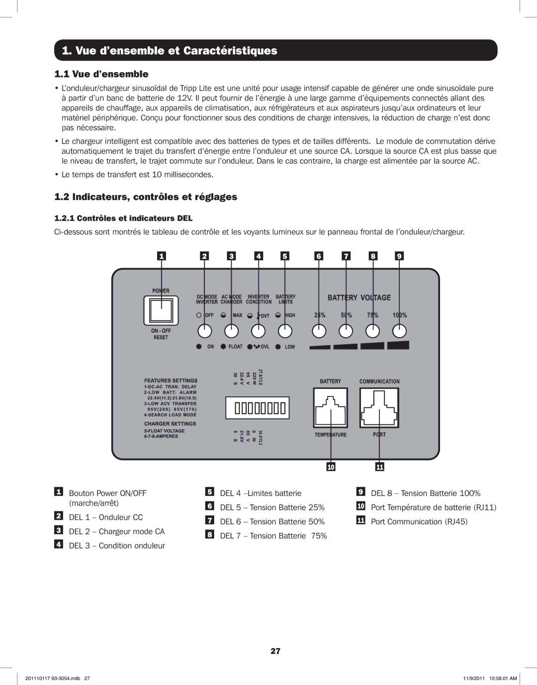 Tripp Lite APSX2012SW Vue d’ensemble et Caractéristiques, Indicateurs, contrôles et réglages, Contrôles et indicateurs DEL 