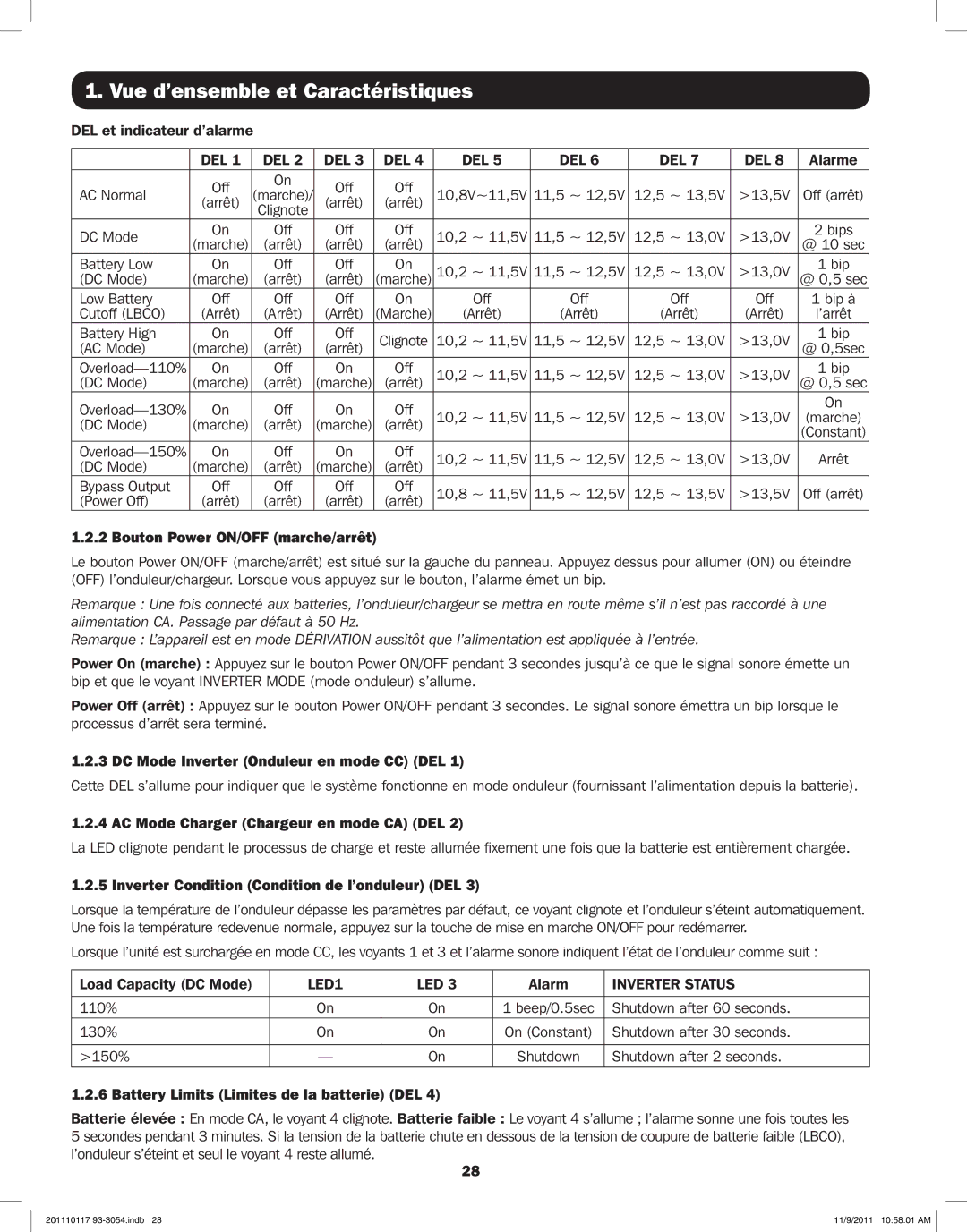 Tripp Lite APSX1012SW, APSX2012SW owner manual Bouton Power ON/OFF marche/arrêt, DC Mode Inverter Onduleur en mode CC DEL 