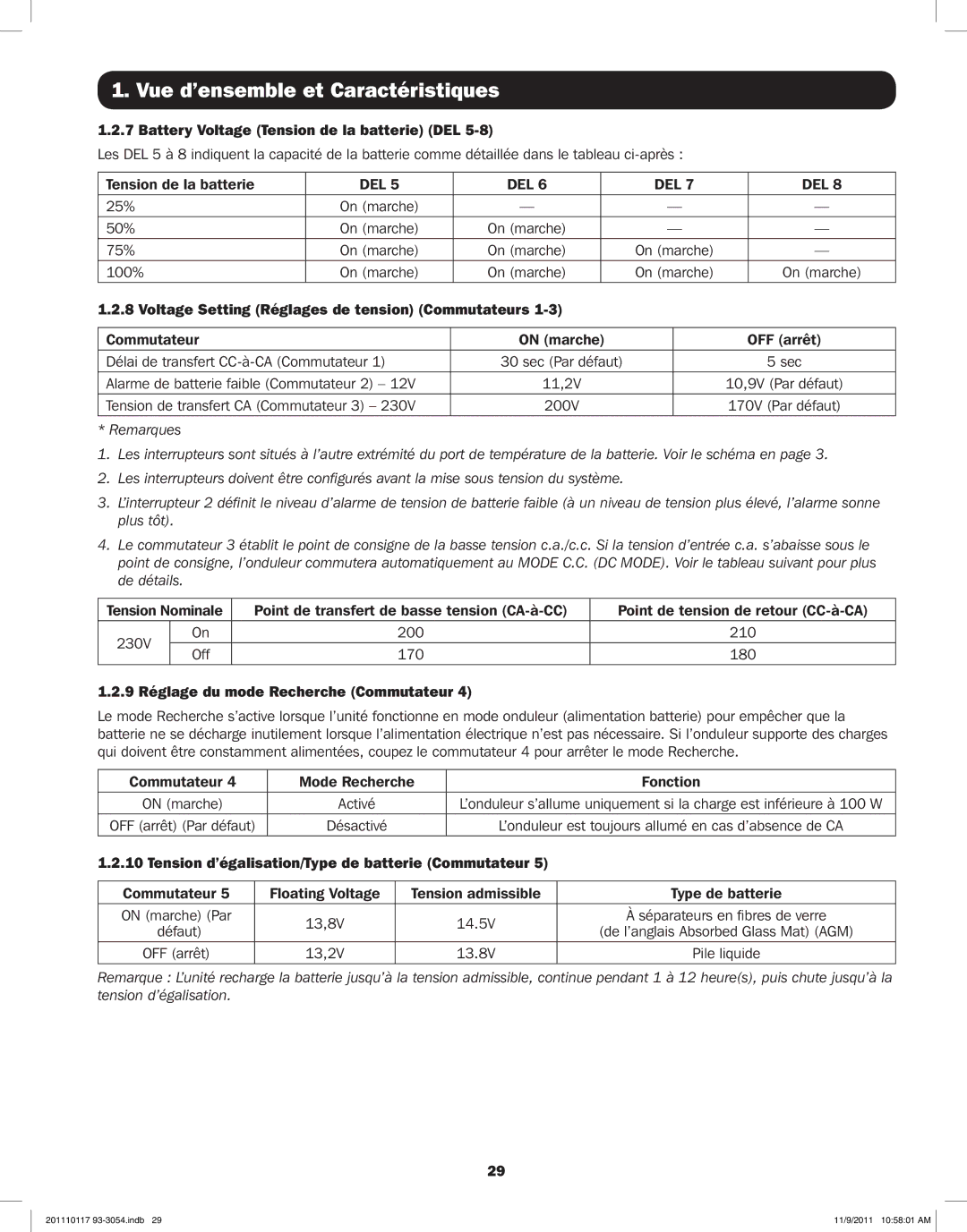 Tripp Lite APSX2012SW Battery Voltage Tension de la batterie DEL, Voltage Setting Réglages de tension Commutateurs 