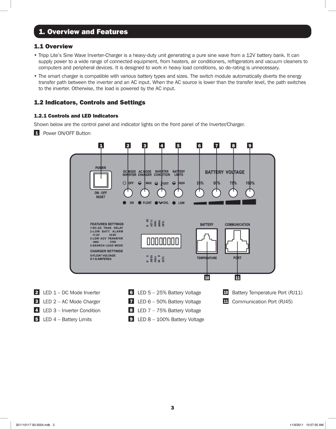 Tripp Lite APSX2012SW, APSX1012SW Overview and Features, Indicators, Controls and Settings, Controls and LED Indicators 