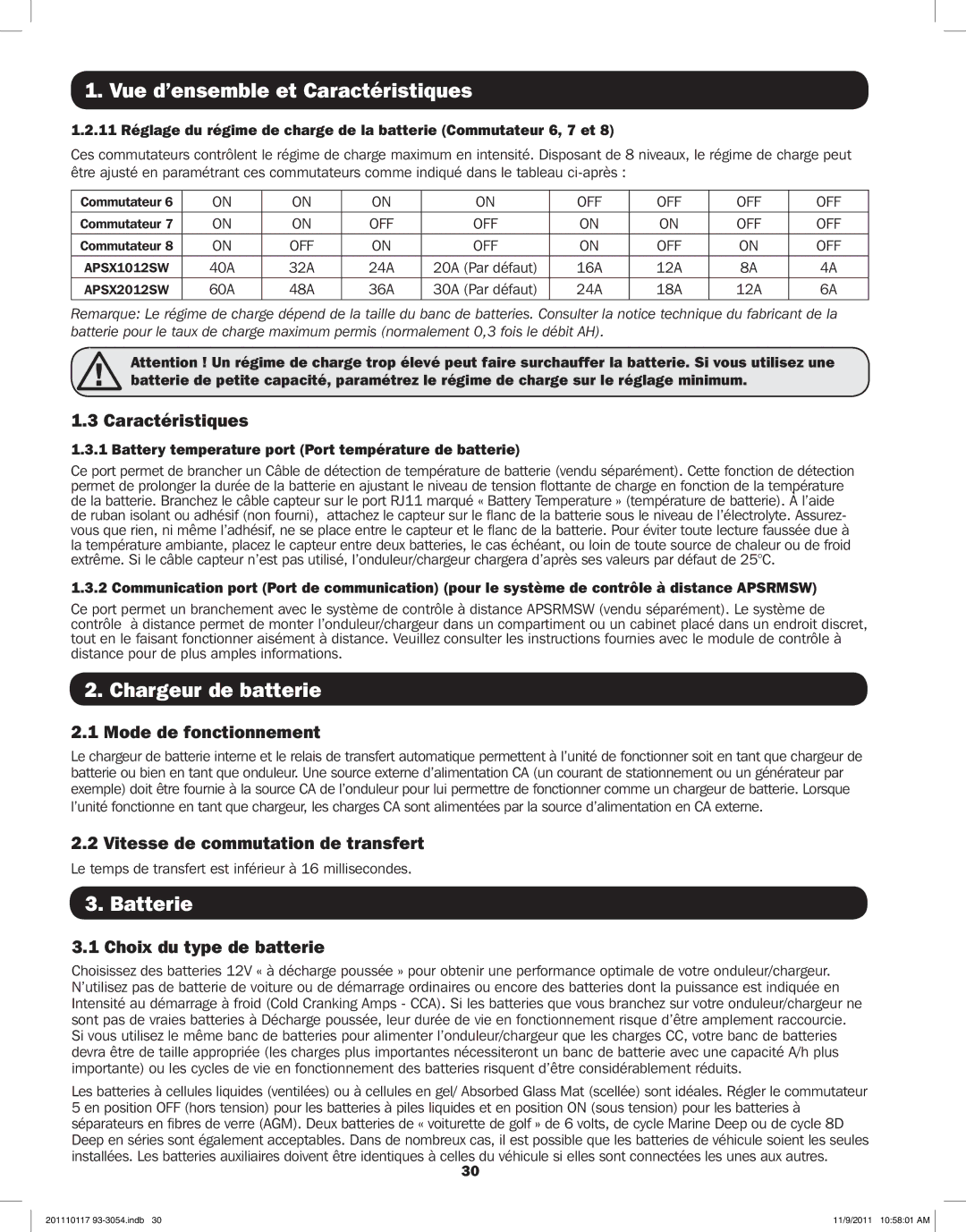 Tripp Lite APSX1012SW, APSX2012SW owner manual Chargeur de batterie, Batterie 