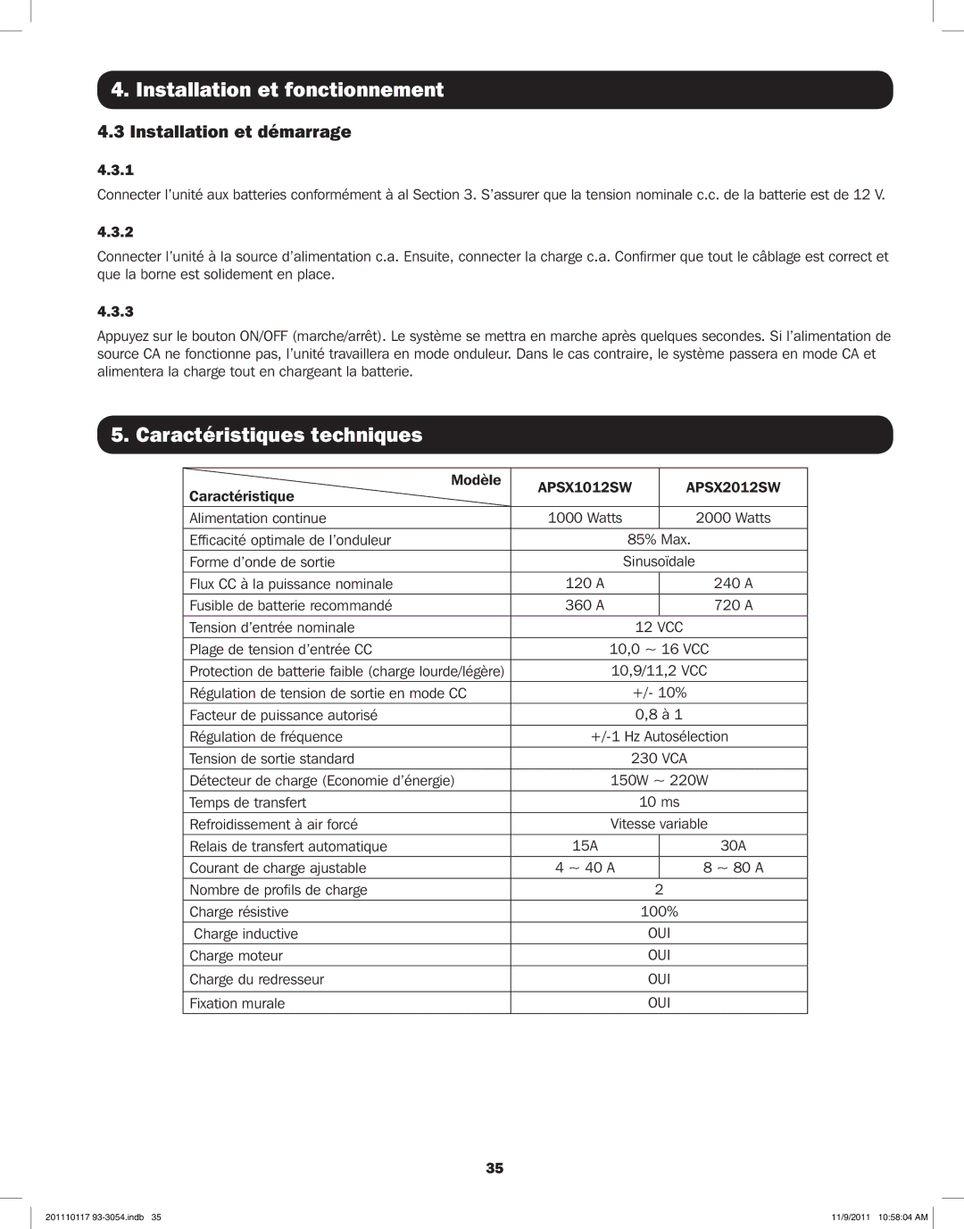 Tripp Lite APSX2012SW, APSX1012SW owner manual Caractéristiques techniques, Installation et démarrage 