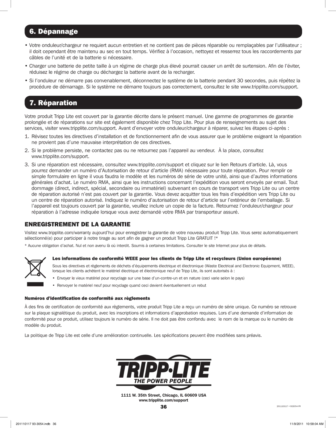 Tripp Lite APSX1012SW, APSX2012SW owner manual Dépannage, Réparation, Enregistrement DE LA Garantie 