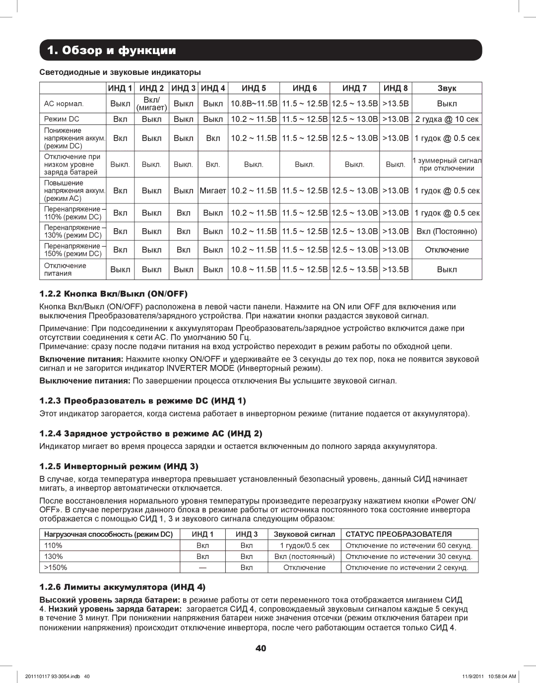 Tripp Lite APSX1012SW Светодиодные и звуковые индикаторы, Звук, 2 Кнопка Вкл/Выкл ON/OFF, 5 Инверторный режим ИНД 