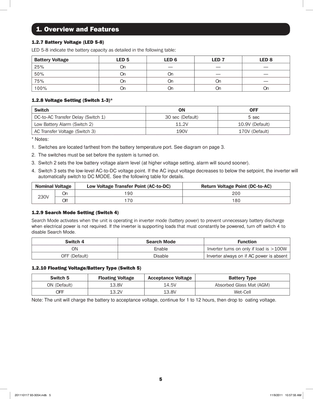 Tripp Lite APSX2012SW, APSX1012SW owner manual Battery Voltage LED, Voltage Setting Switch, Search Mode Setting Switch 