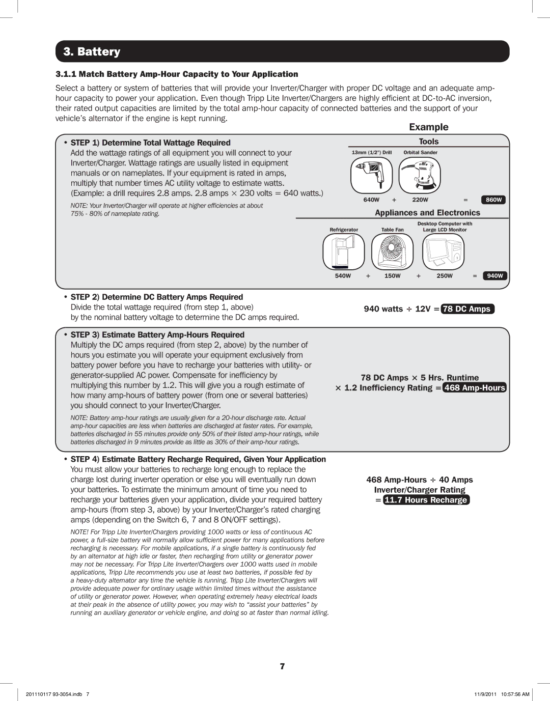 Tripp Lite APSX2012SW, APSX1012SW owner manual Example, Match Battery Amp-Hour Capacity to Your Application 