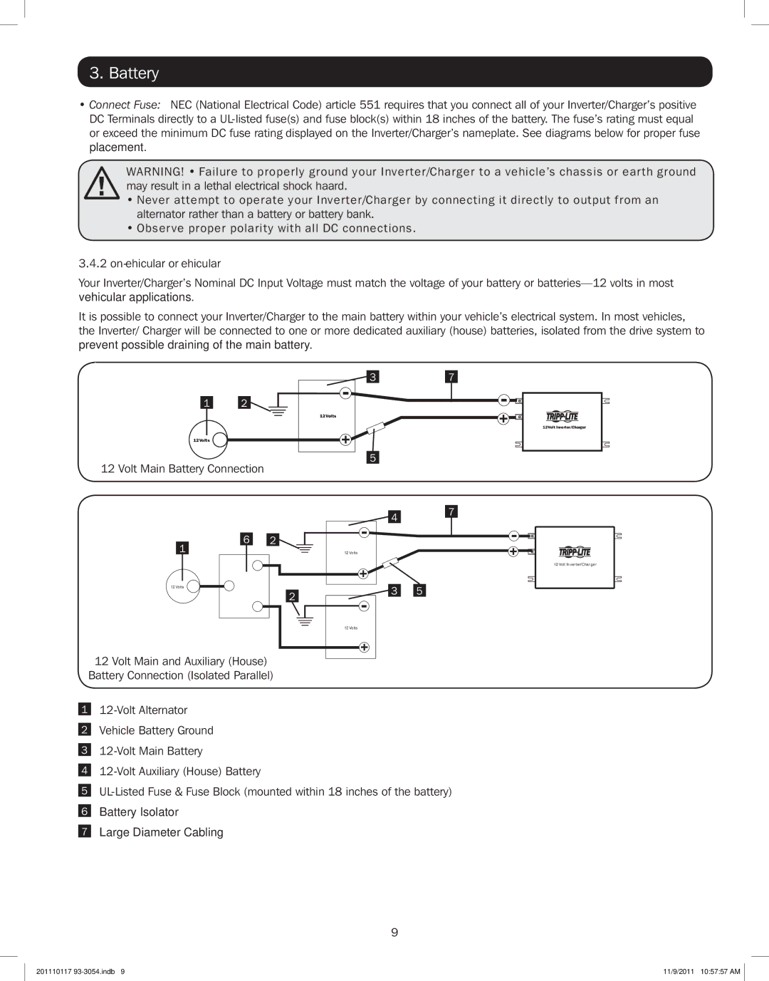 Tripp Lite APSX2012SW, APSX1012SW owner manual Volt Main Battery Connection 