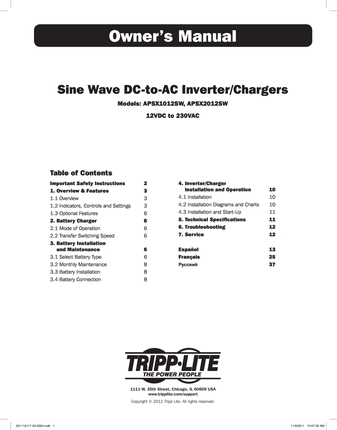 Tripp Lite APSX2012SW owner manual Owner’s Manual, Sine Wave DC-to-AC Inverter/Chargers, Table of Contents, Service 