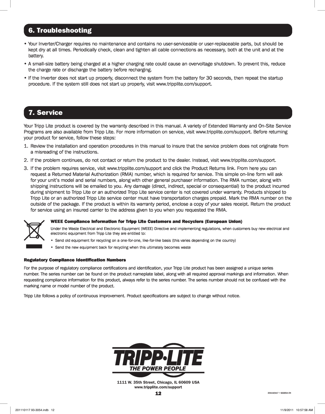 Tripp Lite APSX1012SW, APSX2012SW owner manual Troubleshooting, Service, Regulatory Compliance Identification Numbers 