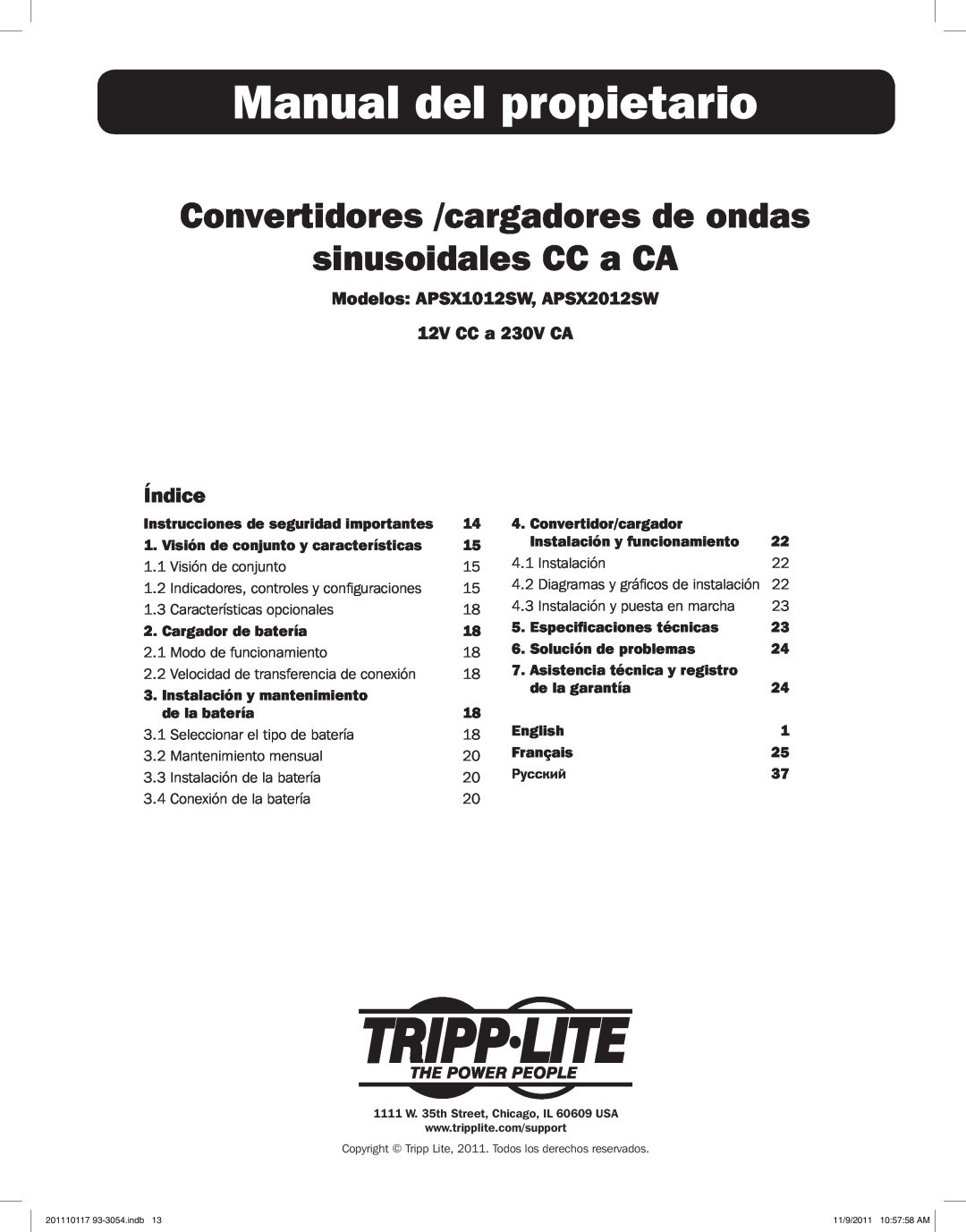 Tripp Lite APSX2012SW Manual del propietario, Convertidores /cargadores de ondas sinusoidales CC a CA, Índice, Instalación 