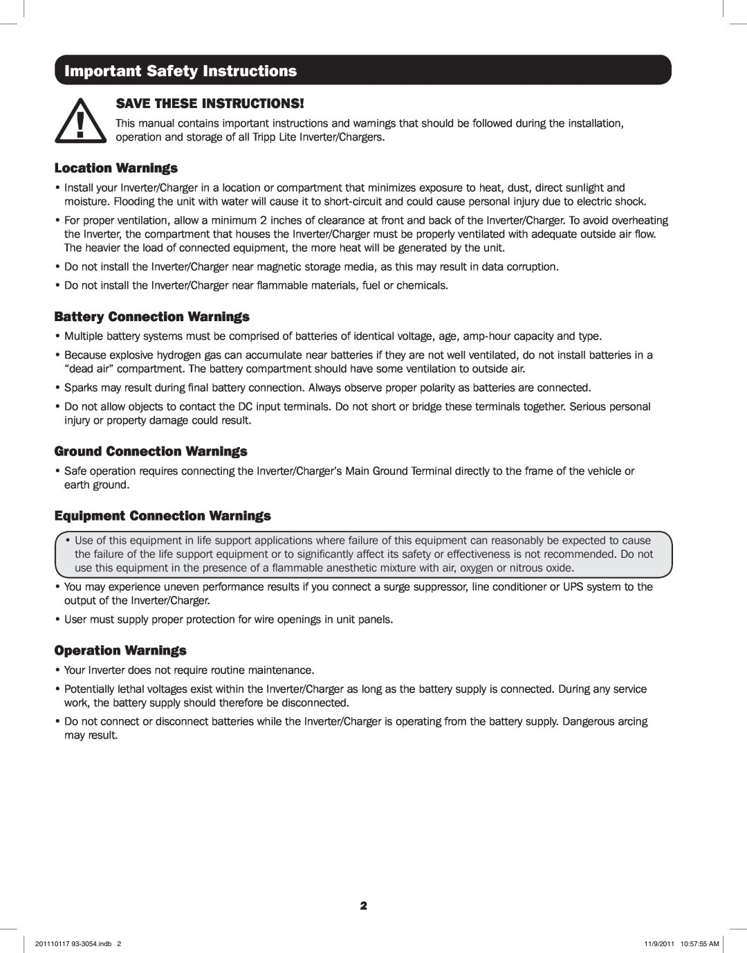 Tripp Lite APSX1012SW Important Safety Instructions, Save These Instructions, Location Warnings, Operation Warnings 