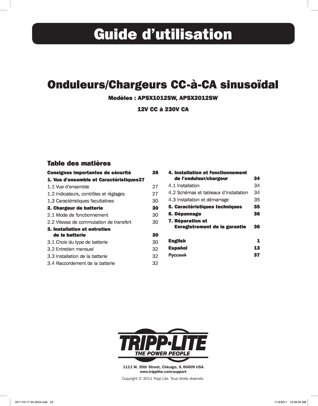 Tripp Lite APSX2012SW Guide d’utilisation, Onduleurs/Chargeurs CC-à-CA sinusoïdal, Table des matières, Dépannage, English 