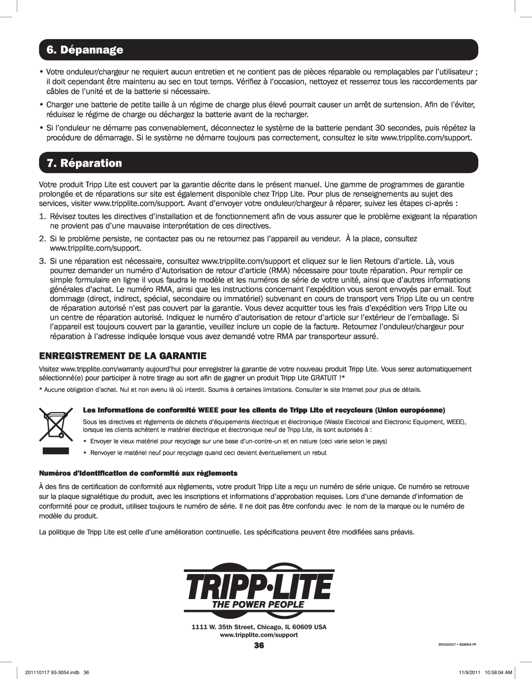 Tripp Lite APSX1012SW, APSX2012SW owner manual 6. Dépannage, 7. Réparation, Enregistrement De La Garantie 