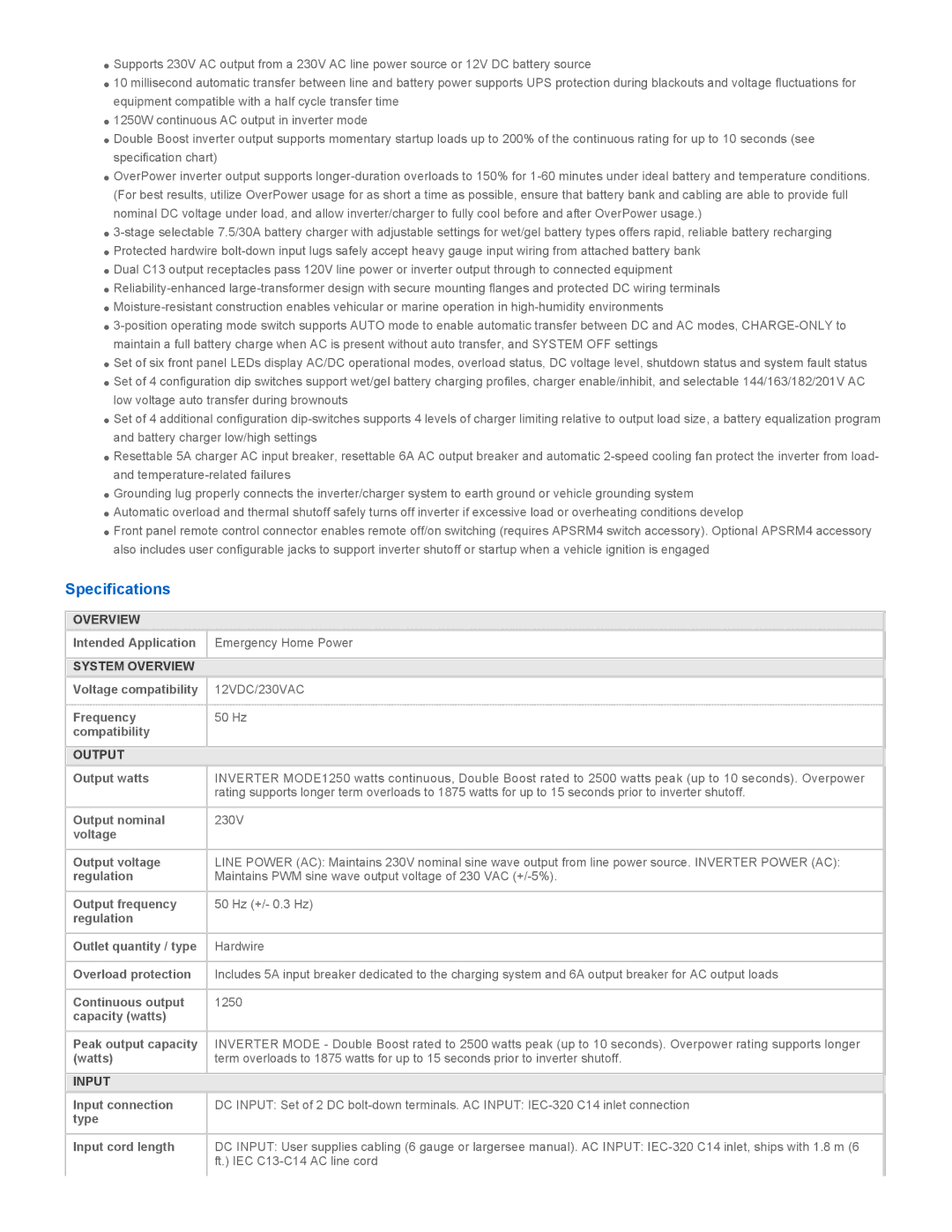 Tripp Lite APSX1250F specifications Specifications, System Overview, Output, Input 