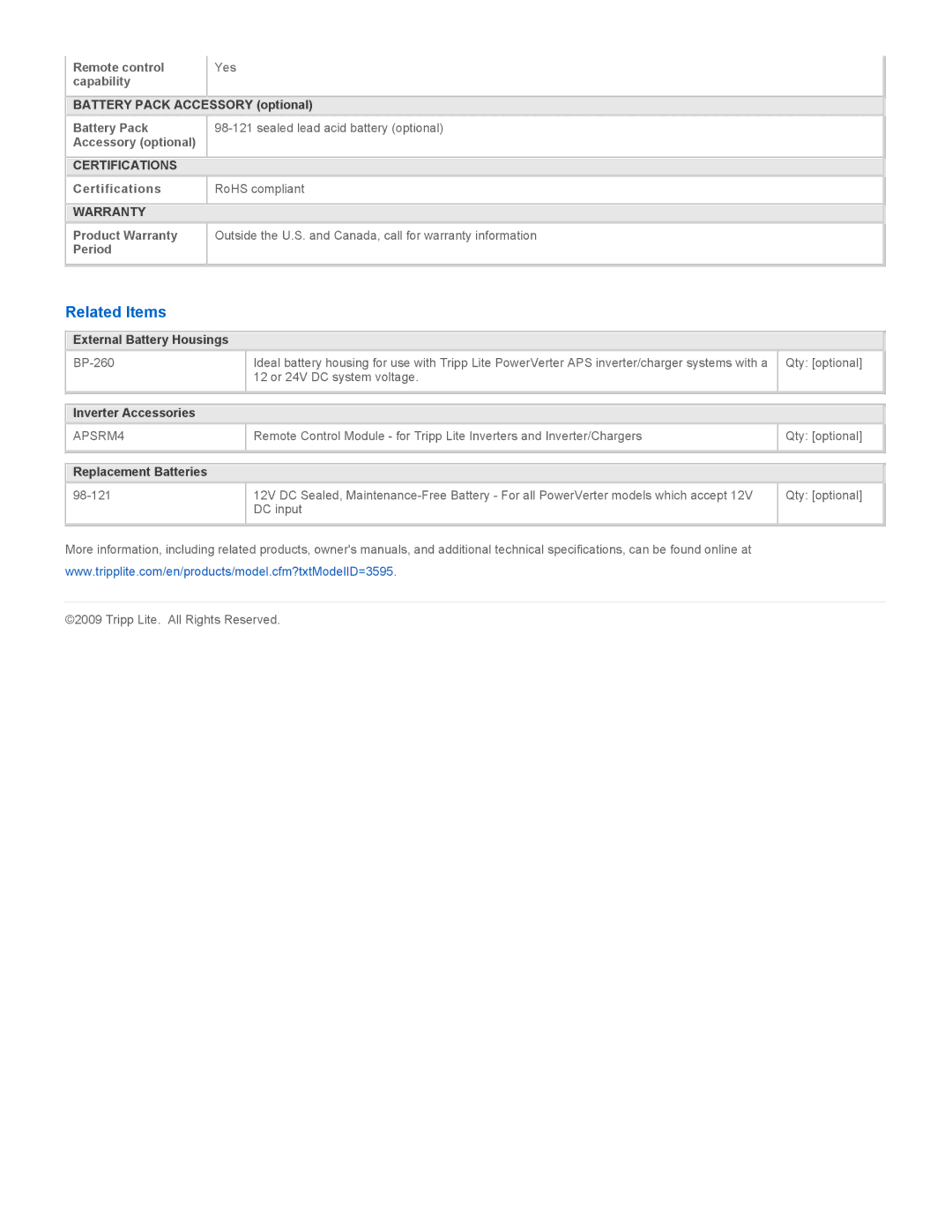 Tripp Lite APSX1250F specifications Related Items, Certifications RoHS compliant, Warranty 