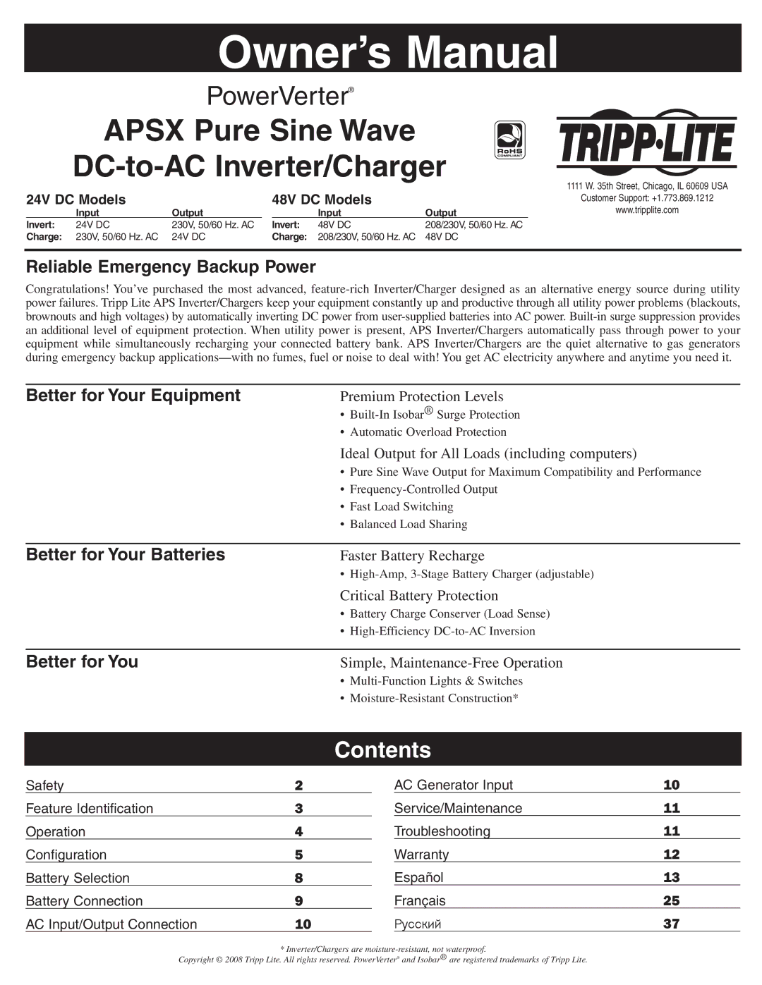 Tripp Lite APSX6048VR owner manual Apsx Pure Sine Wave DC-to-AC Inverter/Charger, Contents 