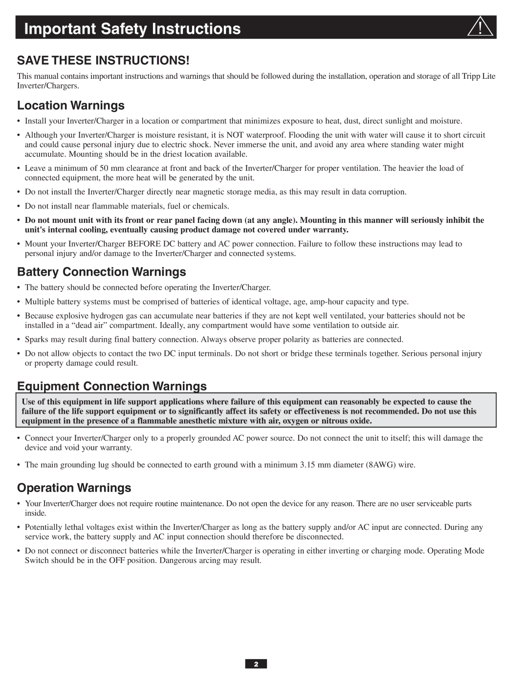 Tripp Lite APSX6048VR Important Safety Instructions, Location Warnings, Battery Connection Warnings, Operation Warnings 