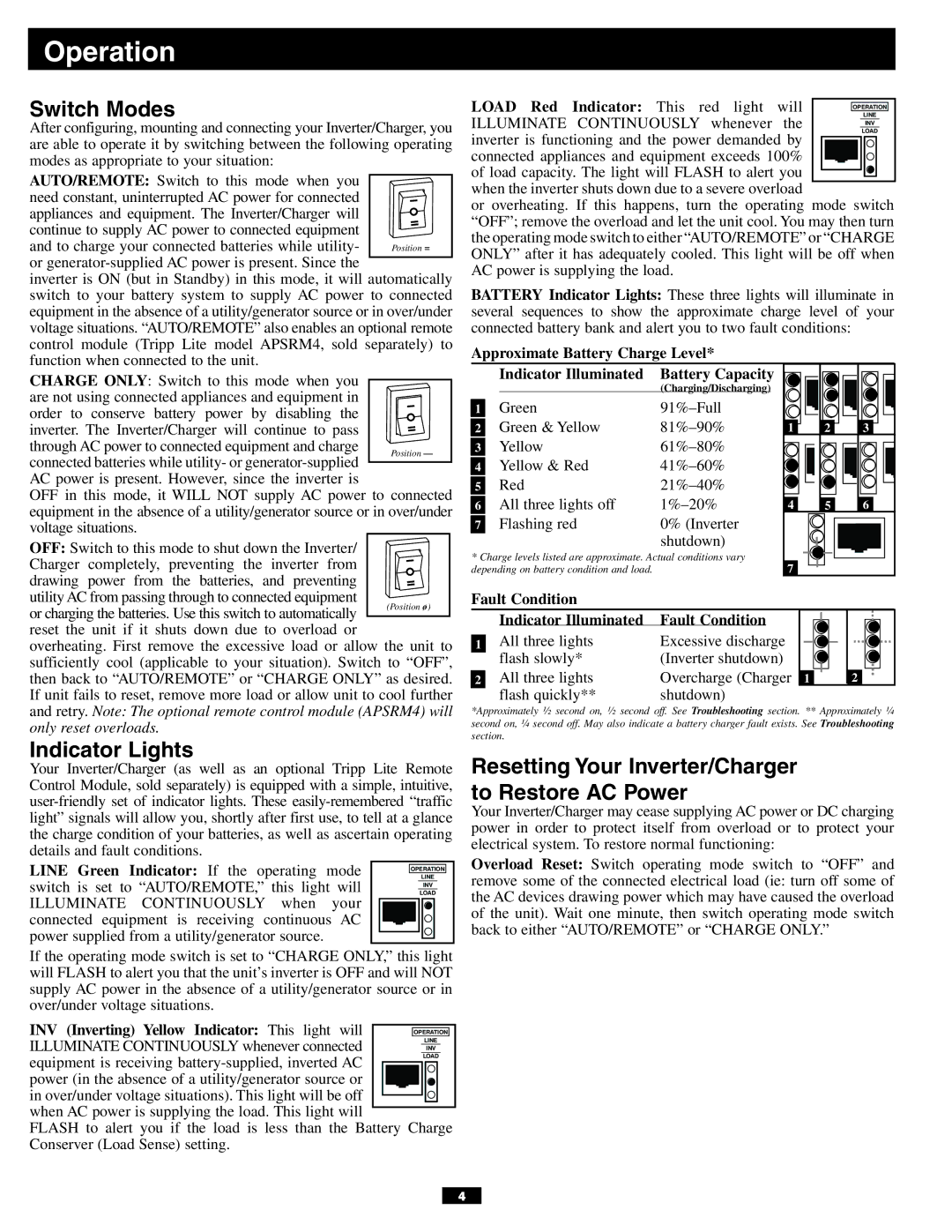 Tripp Lite APSX6048VR owner manual Operation, Switch Modes, Indicator Lights 