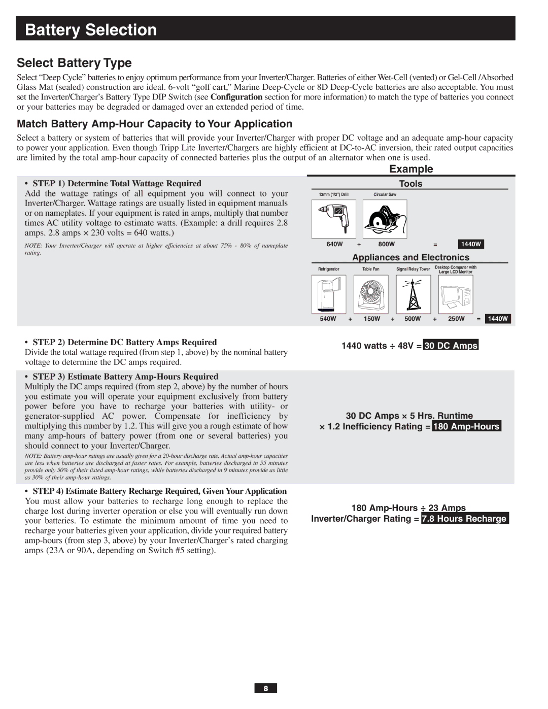 Tripp Lite APSX6048VR Battery Selection, Select Battery Type, Match Battery Amp-Hour Capacity to Your Application, Example 