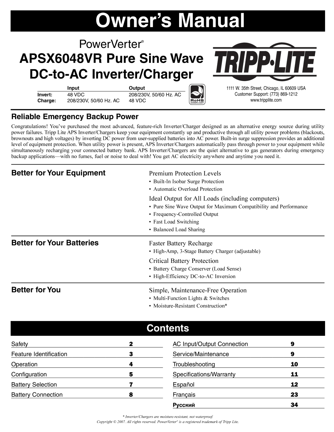 Tripp Lite owner manual APSX6048VR Pure Sine Wave DC-to-AC Inverter/Charger, Contents 