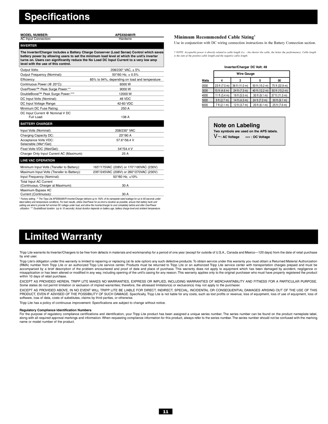 Tripp Lite APSX6048VR owner manual Specifications, Limited Warranty 