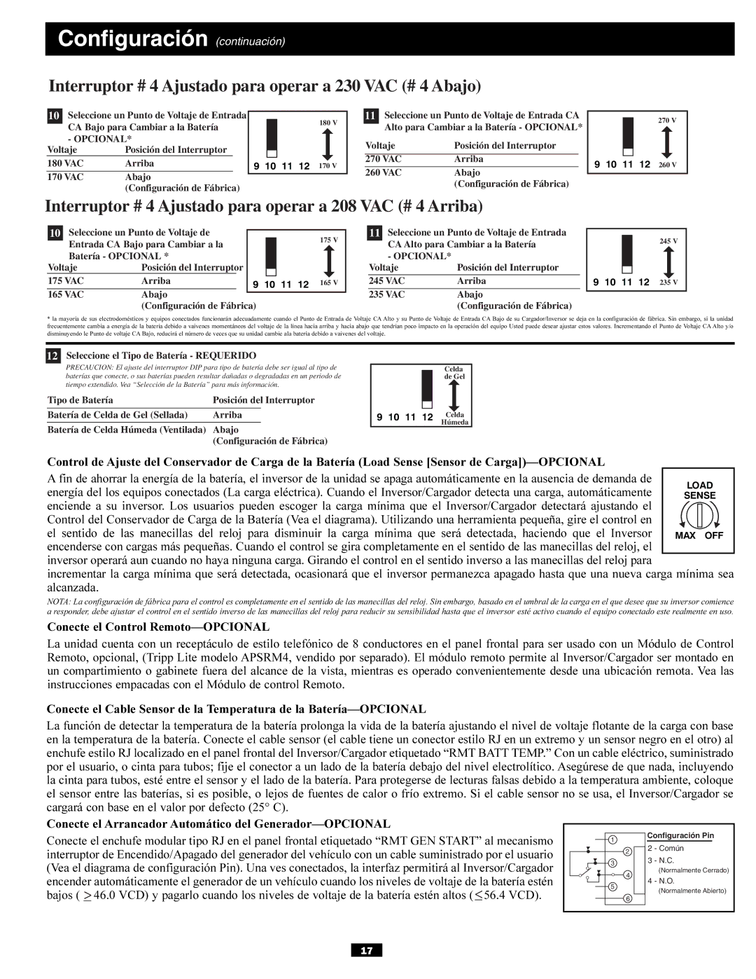 Tripp Lite APSX6048VR owner manual Configuración continuación, Interruptor # 4 Ajustado para operar a 230 VAC # 4 Abajo 