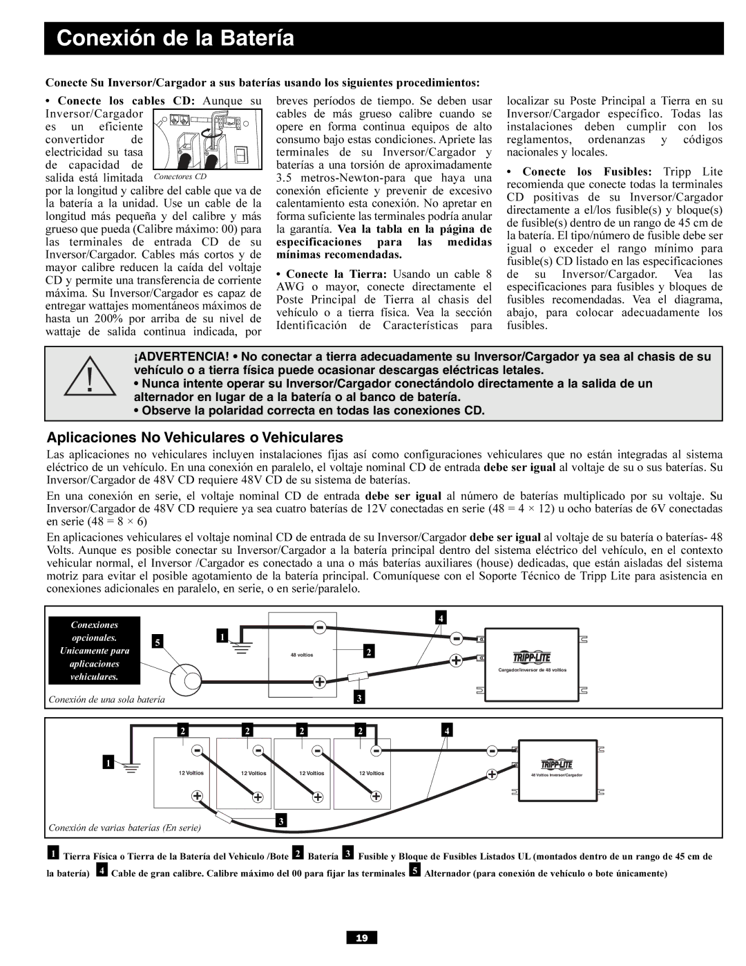 Tripp Lite APSX6048VR owner manual Conexión de la Batería, Aplicaciones No Vehiculares o Vehiculares 