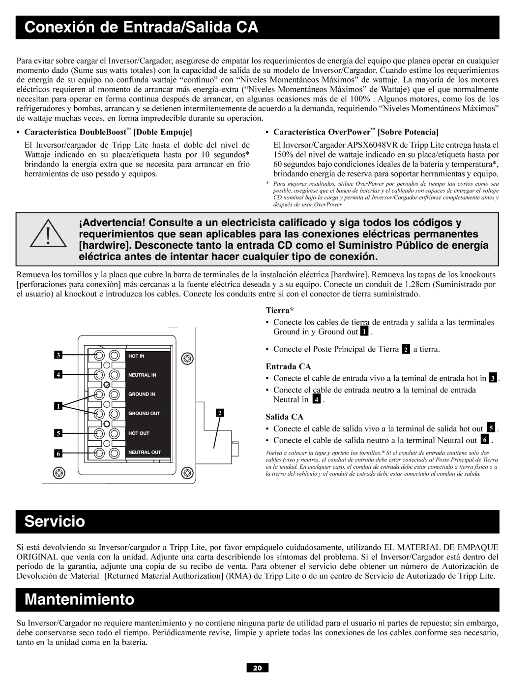 Tripp Lite APSX6048VR owner manual Conexión de Entrada/Salida CA, Servicio, Mantenimiento 