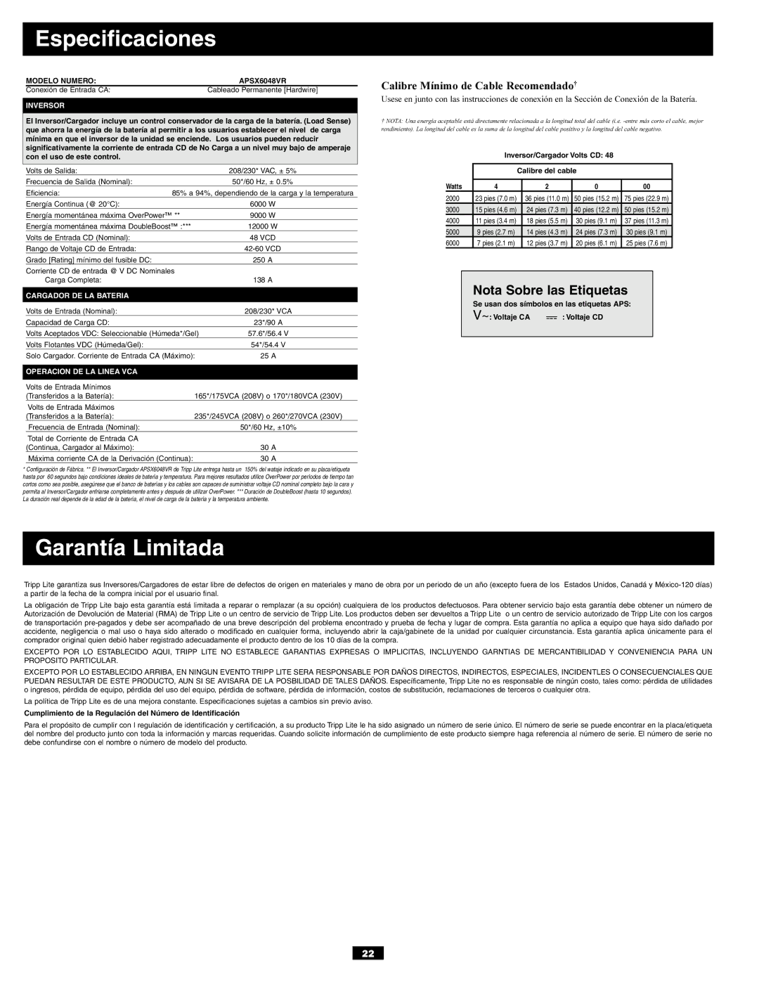 Tripp Lite APSX6048VR owner manual Especificaciones, Garantía Limitada 