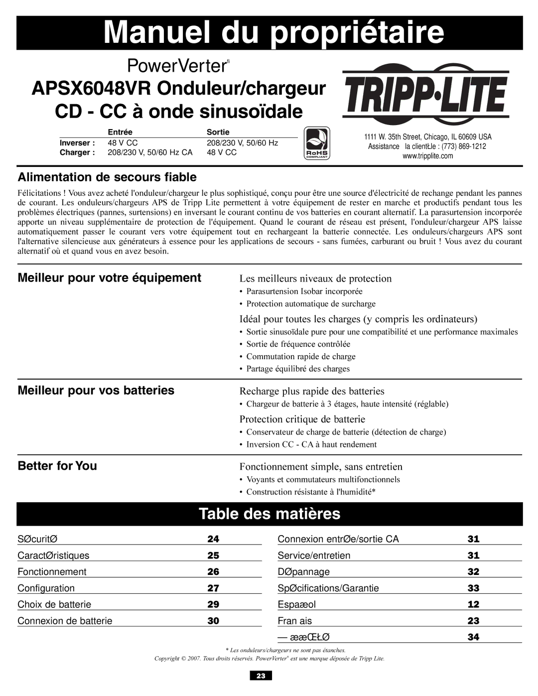 Tripp Lite APSX6048VR owner manual Table des matières, Alimentation de secours fiable, Meilleur pour votre équipement 