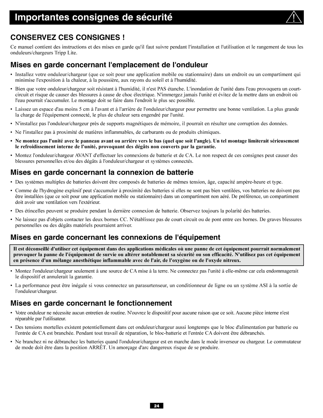 Tripp Lite APSX6048VR owner manual Importantes consignes de sécurité, Mises en garde concernant lemplacement de londuleur 