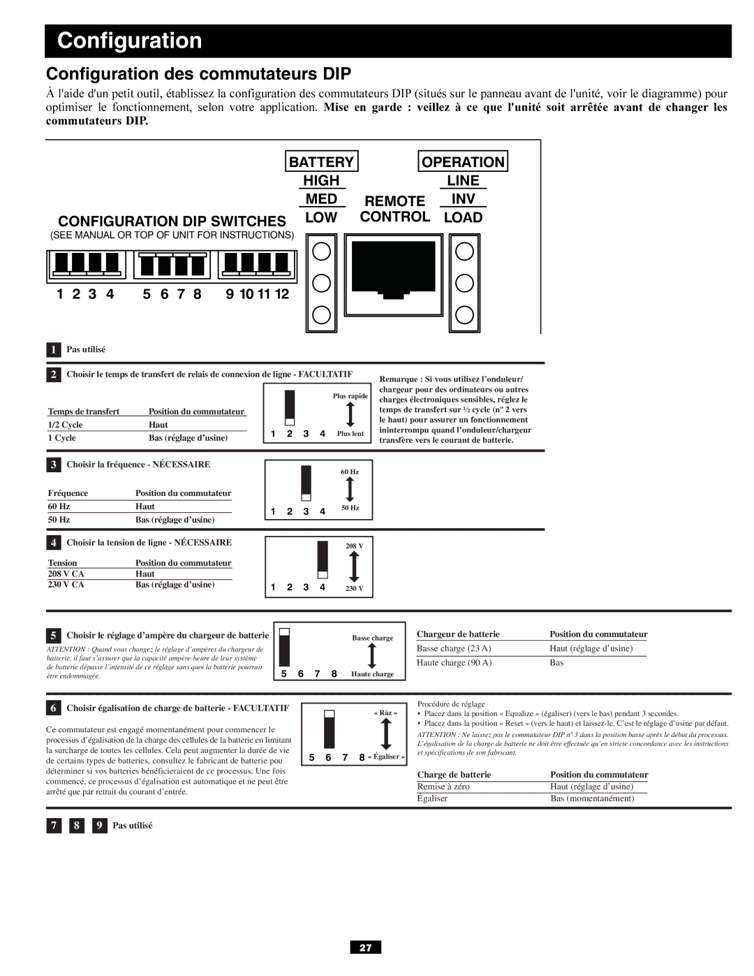 Tripp Lite APSX6048VR owner manual Configuration des commutateurs DIP, Cycle Bas réglage d’usine 