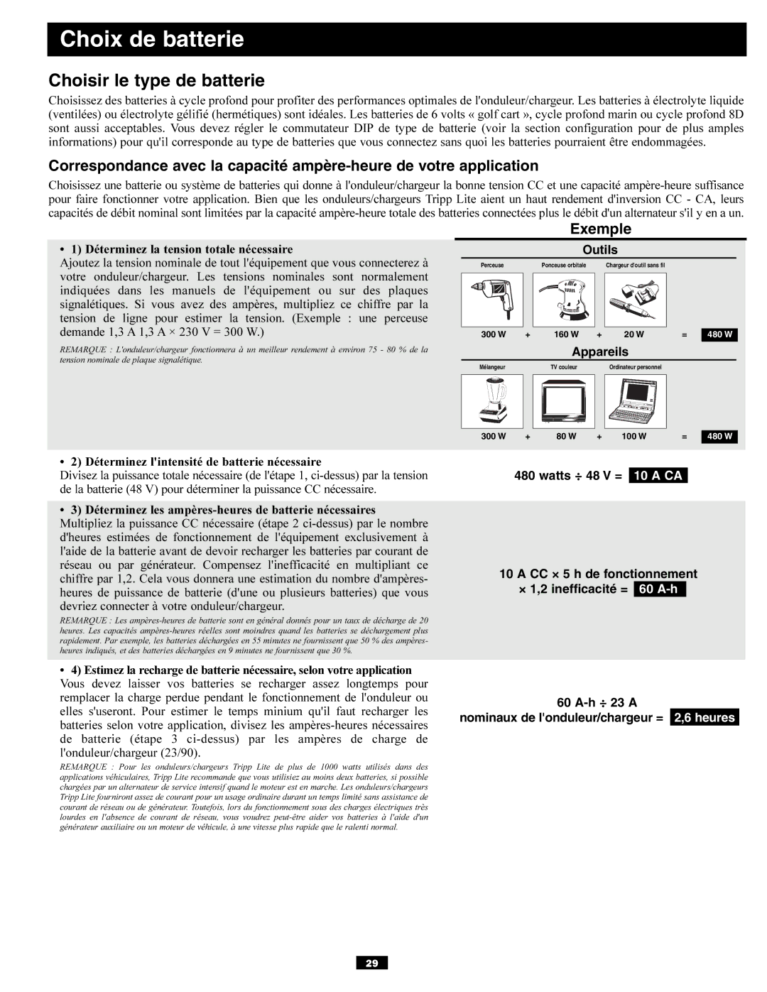 Tripp Lite APSX6048VR owner manual Choix de batterie, Choisir le type de batterie, Exemple 