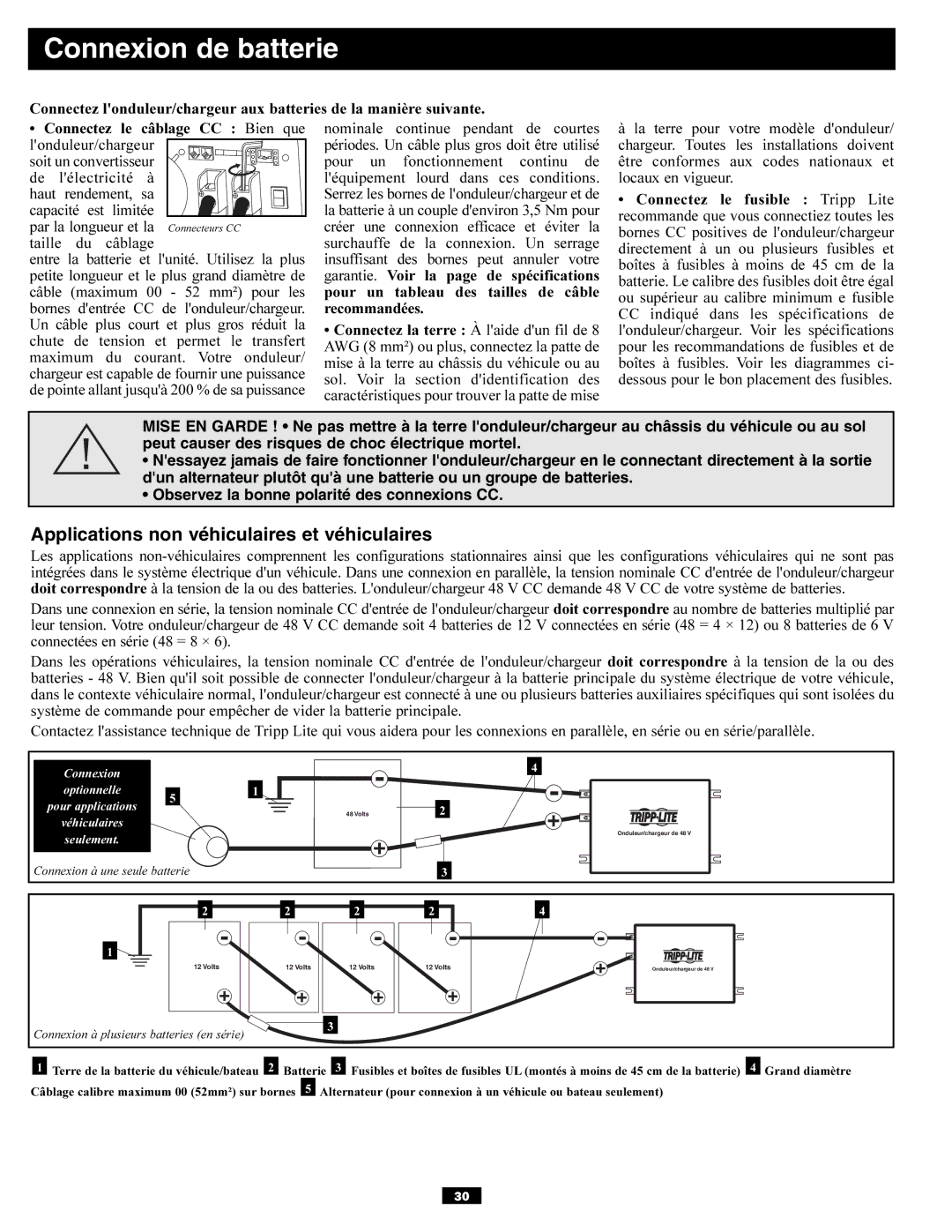 Tripp Lite APSX6048VR owner manual Connexion de batterie, Applications non véhiculaires et véhiculaires 