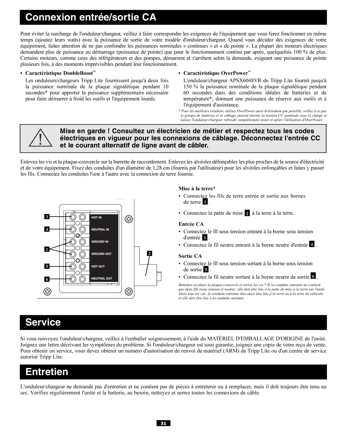 Tripp Lite APSX6048VR owner manual Connexion entrée/sortie CA, Entretien 